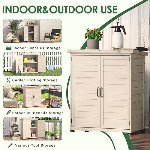 Beige Outdoor Storage Cabinet with Waterproof Metal Tabletop and Removable Shelves C55815