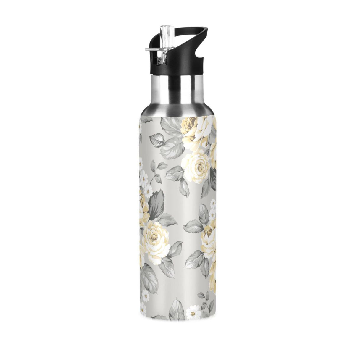 Yellow Flowers on Grey Stainless Steel Insulated Water Bottle with Straw Lid R2011