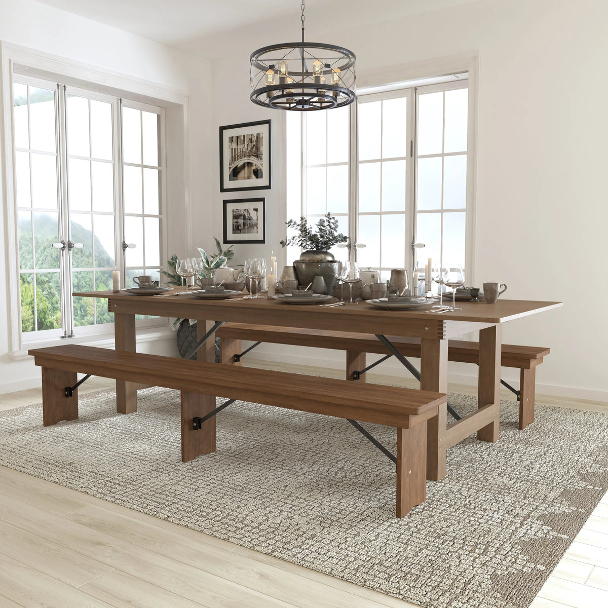 Antique Rustic Folding Farm Table and Two Bench Set P34802
