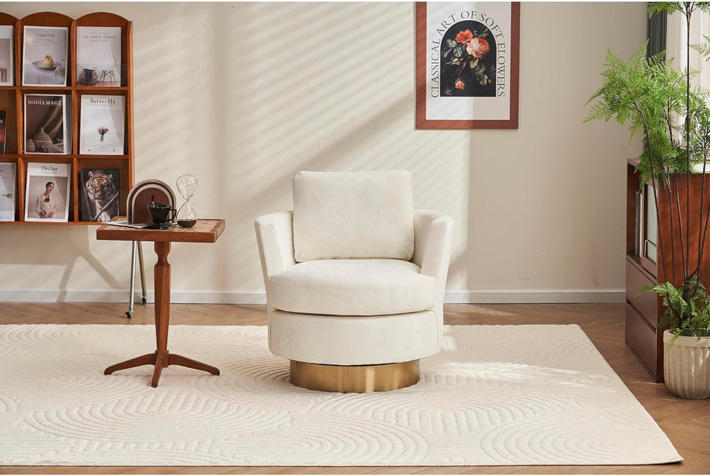 Beige Velvet Swivel Barrel Chair with Gold Stainless Steel Base T7231