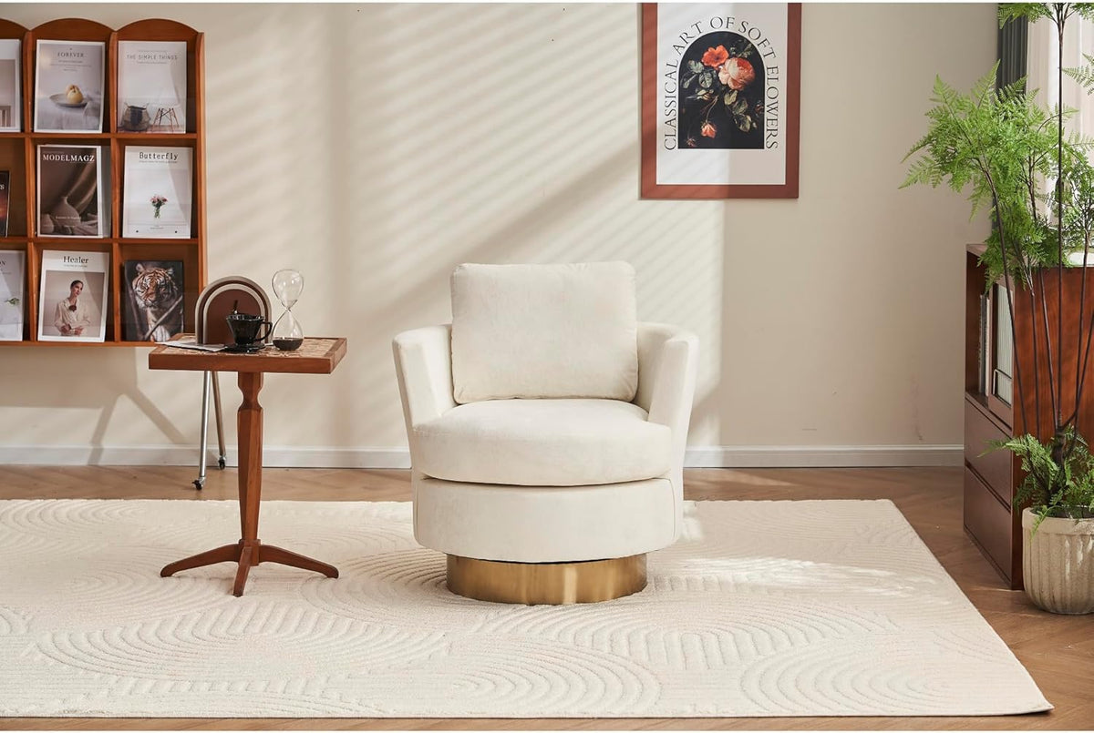 Beige Velvet Swivel Barrel Chair with Gold Stainless Steel Base T7231