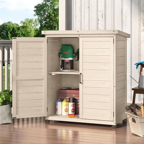 Beige Outdoor Storage Cabinet with Waterproof Metal Tabletop and Removable Shelves C55815