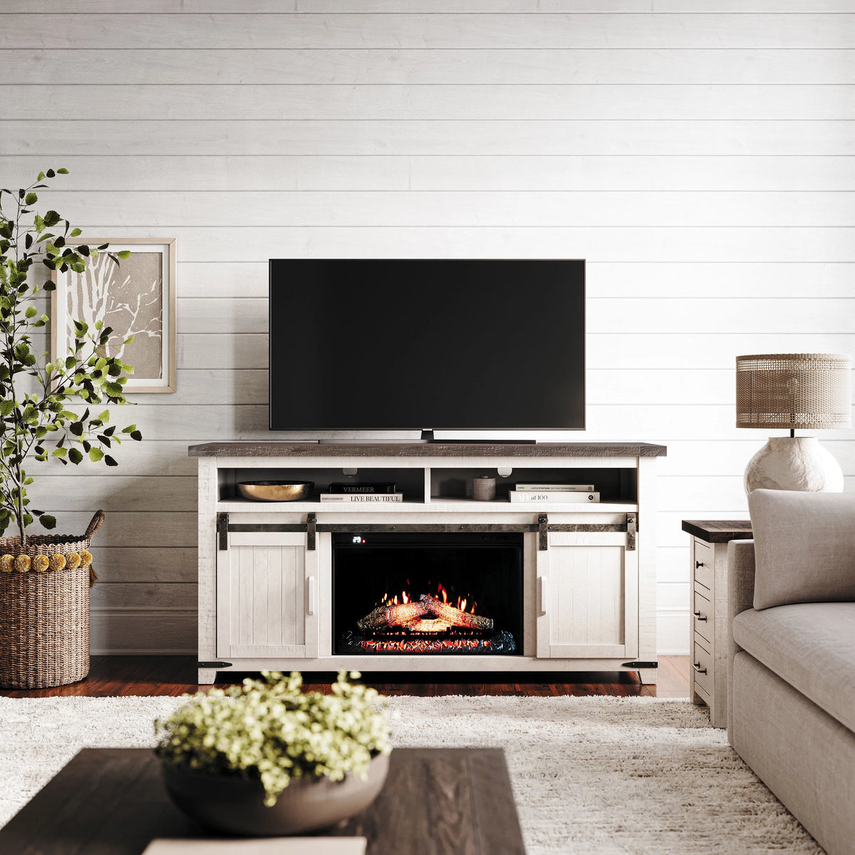 Solid Pine 64" TV Stand Console with Electric Fireplace L99174