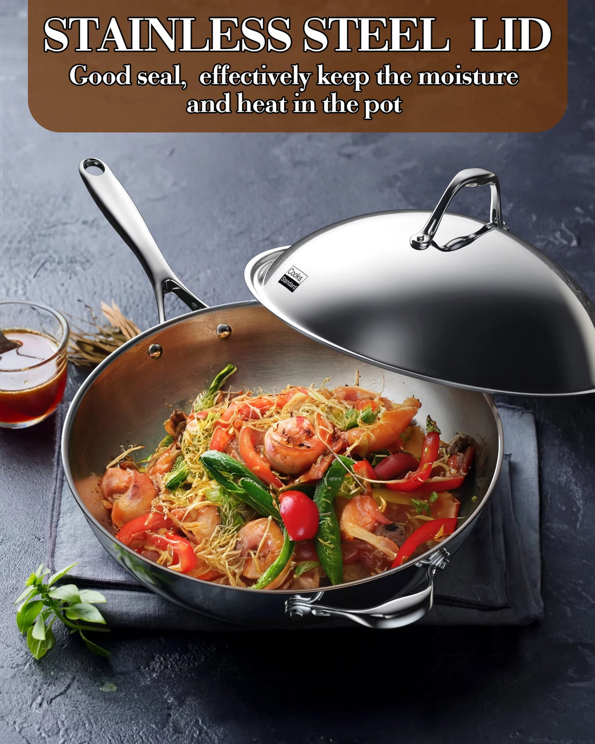 Stainless Steel 13-Inch Wok Pan with High Dome Lid G196329
