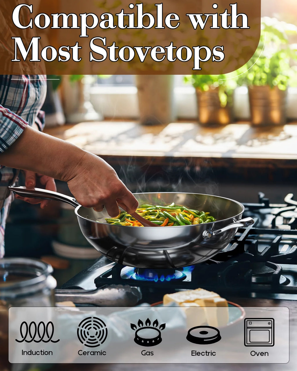 Stainless Steel 13-Inch Wok Pan with High Dome Lid G196329