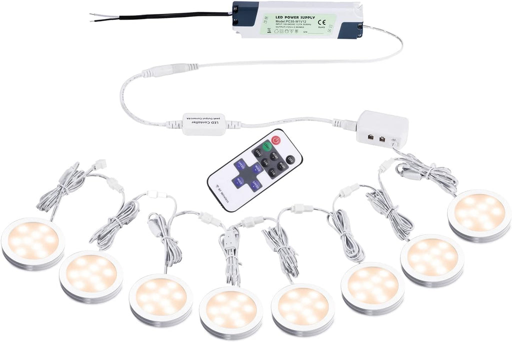 Under Cabinet LED Puck Lights with Wireless RF Remote Control, 8 Lights, Warm White, Pack of 2 W6077