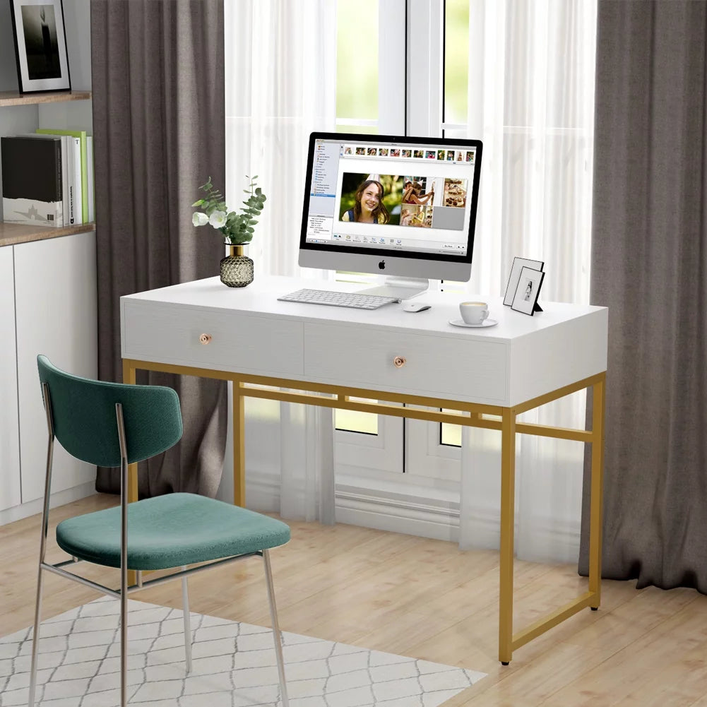 47 inch White and Gold Computer Desk with 2 Storage Drawers I972