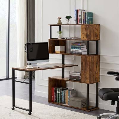 L-Shaped Corner Computer Desk with 5-Story Bookshelf A2178
