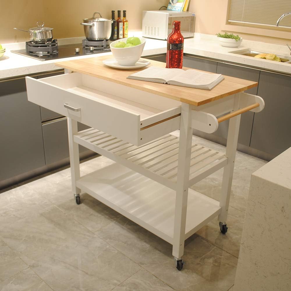 Rolling Wood Kitchen Cart with 2 Drawers and 2 Shelves U2375