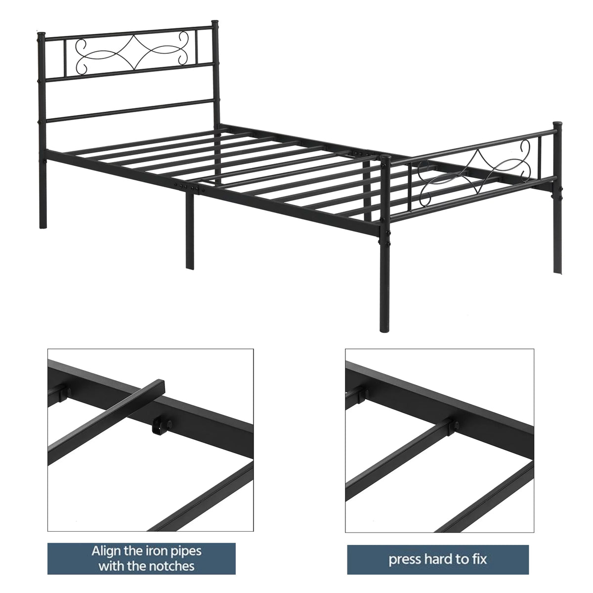 Twin Size Black Metal Platform Bed Frame with Headboard K80081