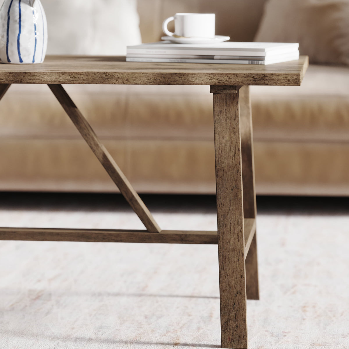 Solid Wood Trestle Coffee Table in Rustic Brown T9133