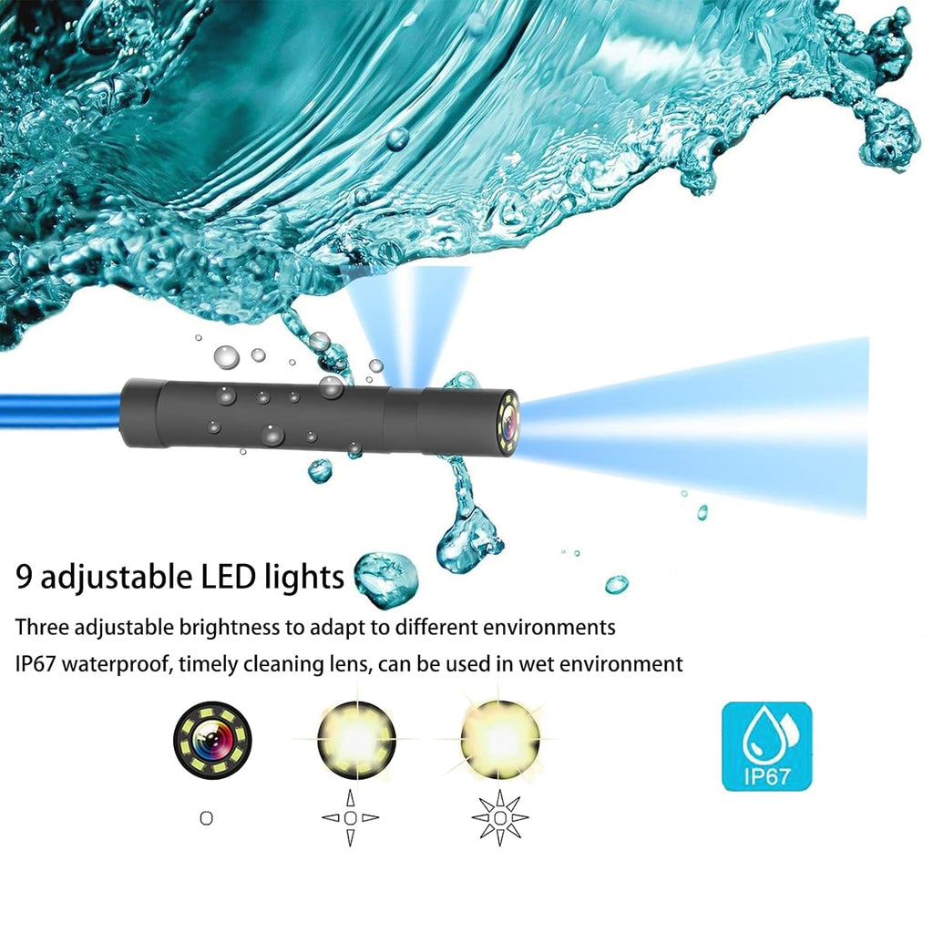 Dual Lens Video Endoscope Camera with Lights, 1080P Borescope Inspection Camera, 8 mm IP67 Waterproof, 9 LED Lights, 16.5FT Semi-Rigid Cable, 32GB Card K1302