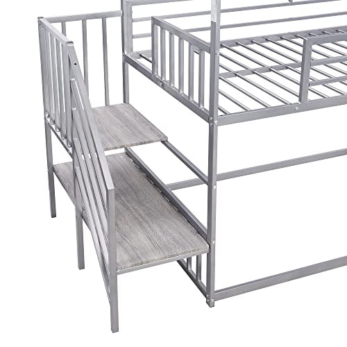 Twin Over Twin Metal Bunk Bed with Slide and Storage Staircase G330
