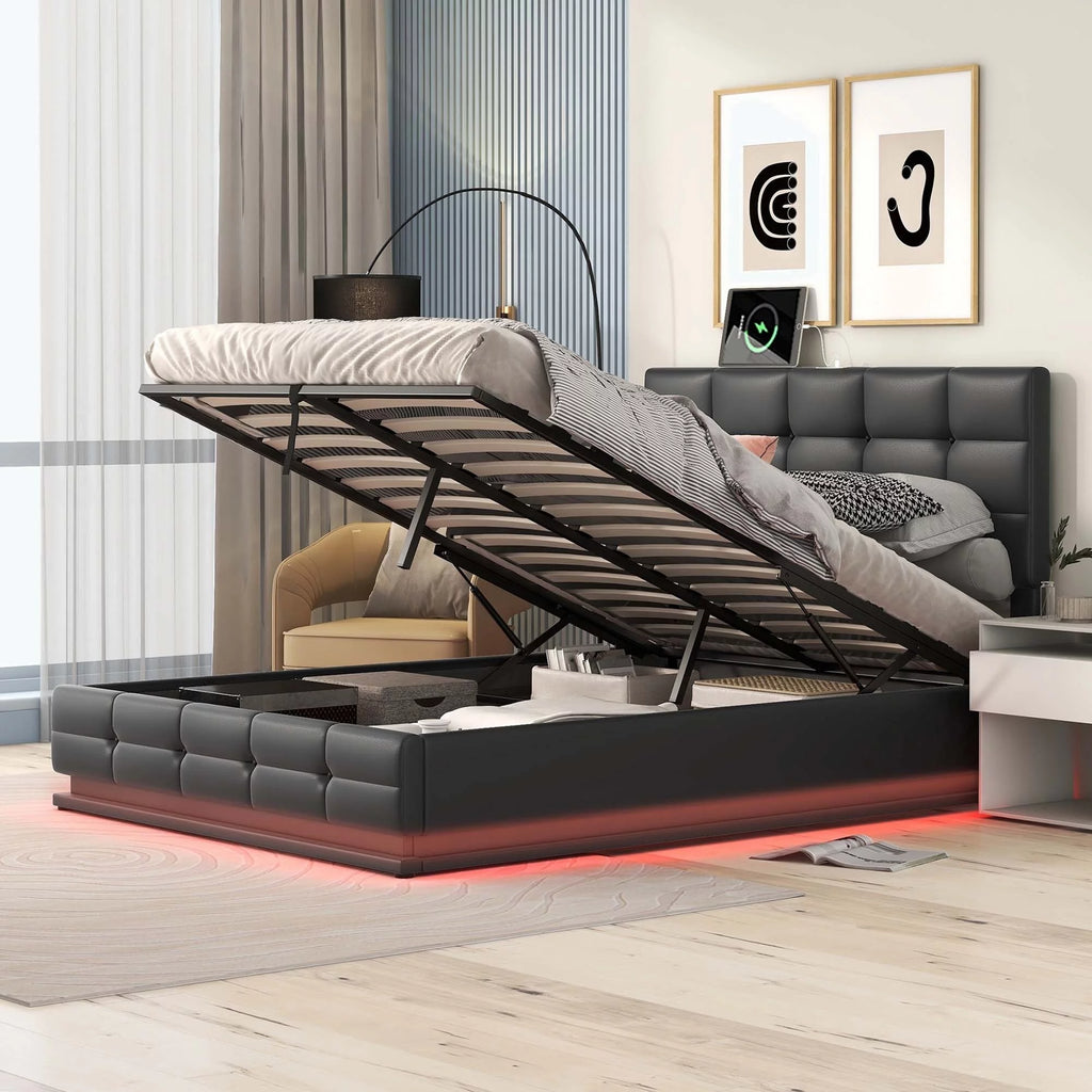 White Queen Size Tufted Upholstered Platform Bed with LED Lights and USB Charger T805164