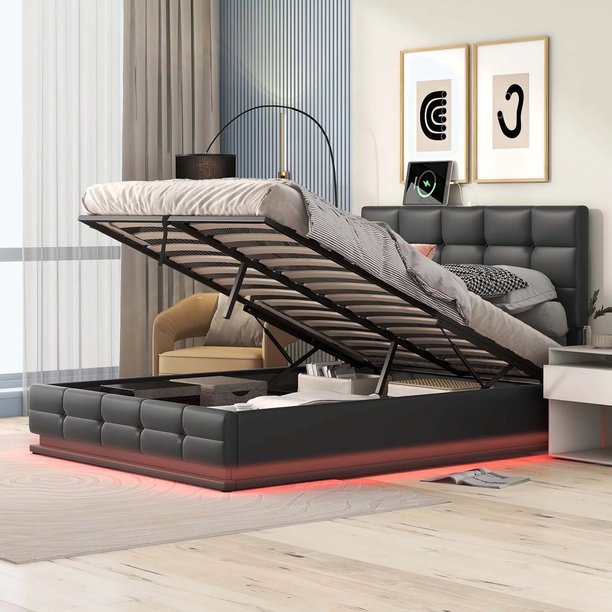 White Queen Size Tufted Upholstered Platform Bed with LED Lights and USB Charger T805164