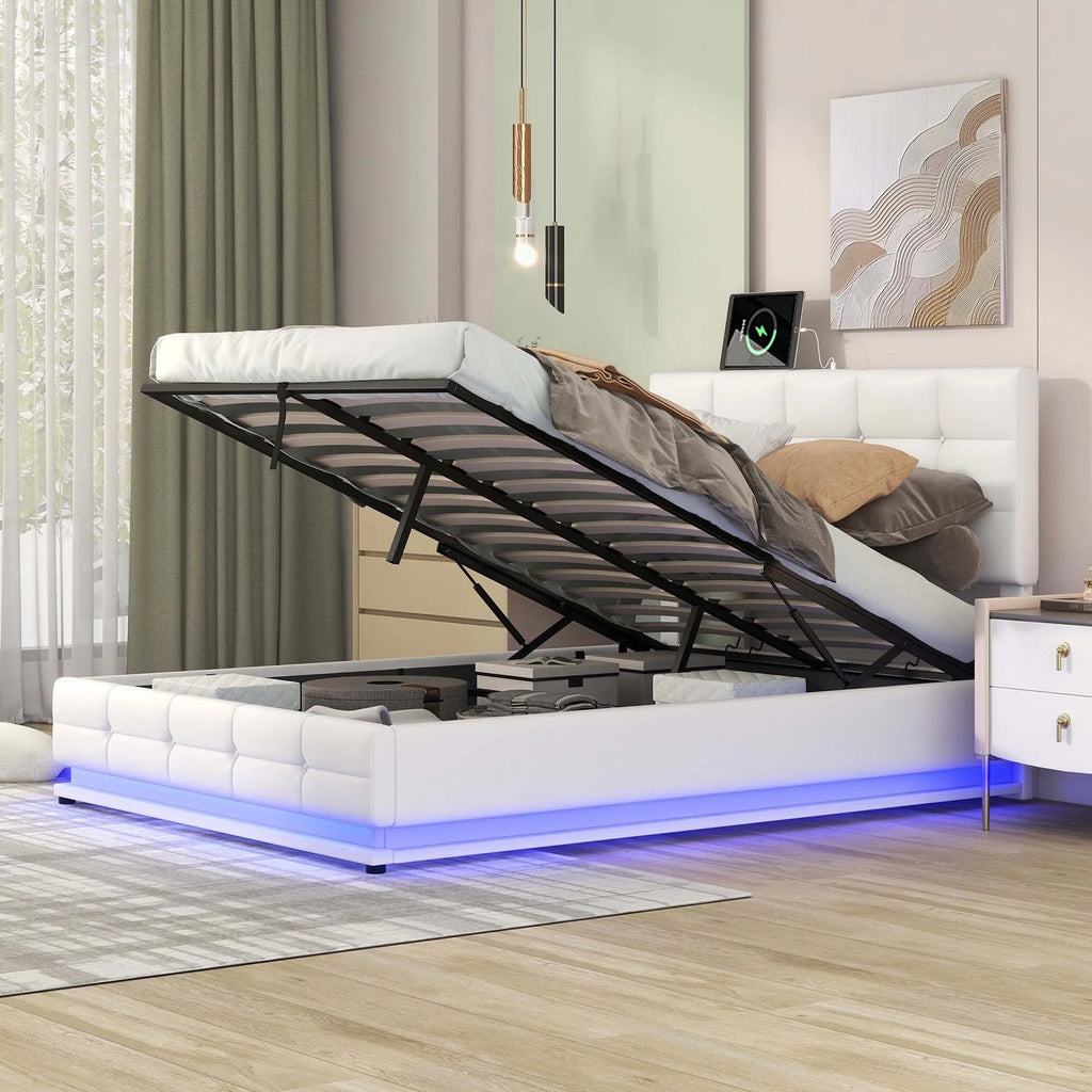 White Queen Size Tufted Upholstered Platform Bed with LED Lights and USB Charger T805164