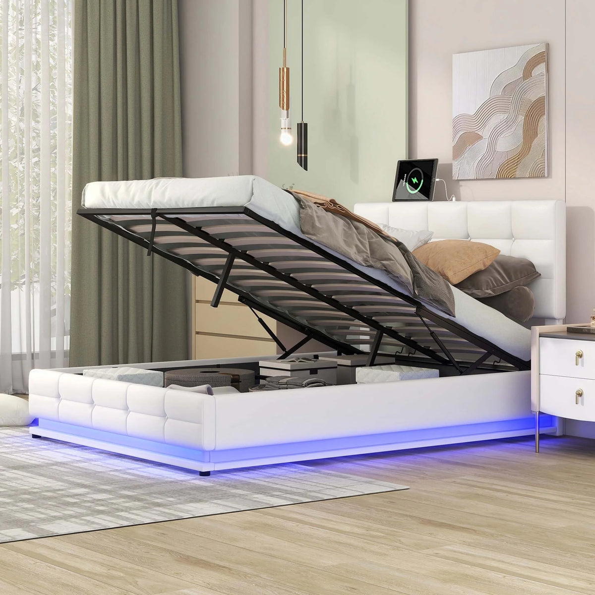 White Queen Size Tufted Upholstered Platform Bed with LED Lights and USB Charger T805164