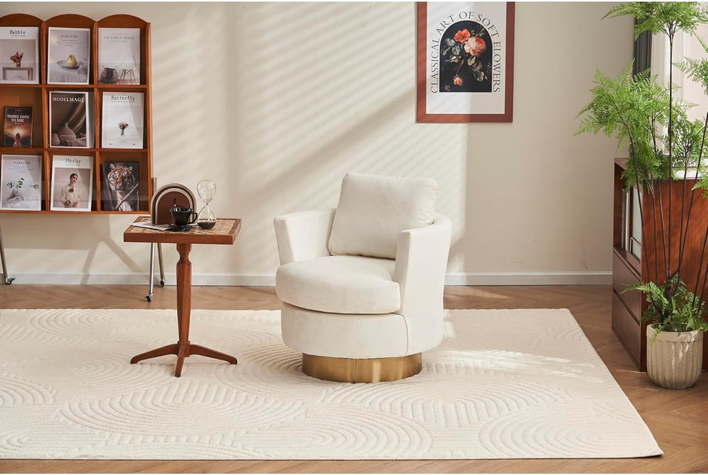 Beige Velvet Swivel Barrel Chair with Gold Stainless Steel Base T7231