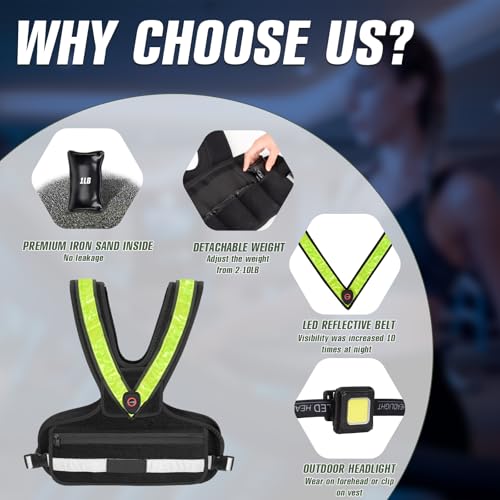 Weighted Vest with LED Reflective Belt and Outdoor Headlight, 2-10 lbs T76960