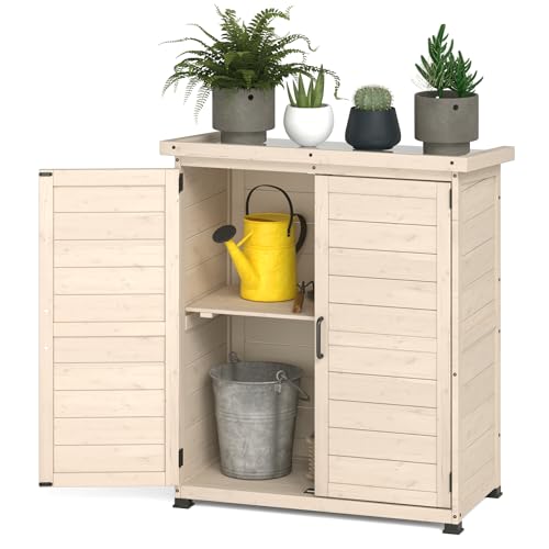 Beige Outdoor Storage Cabinet with Waterproof Metal Tabletop and Removable Shelves C55815