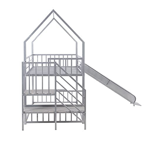 Twin Over Twin Metal Bunk Bed with Slide and Storage Staircase G330