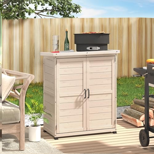 Beige Outdoor Storage Cabinet with Waterproof Metal Tabletop and Removable Shelves C55815