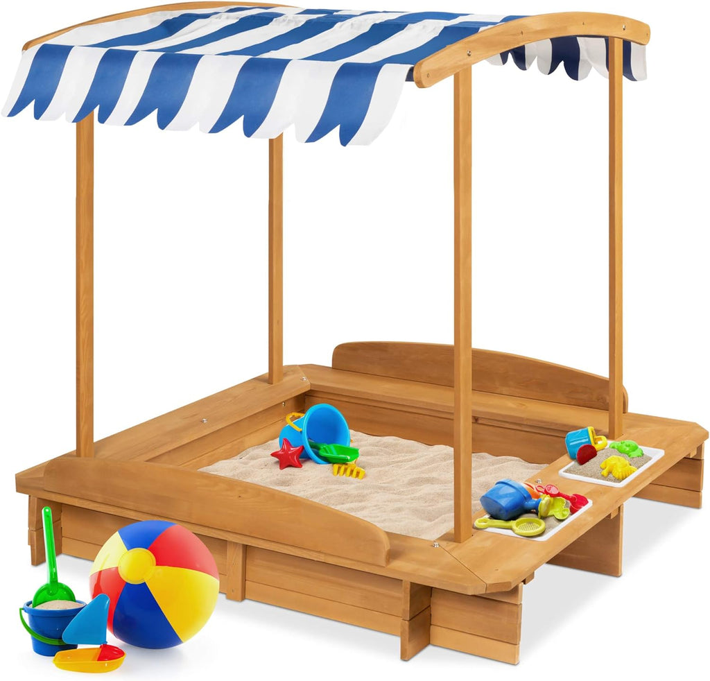 Kids Wooden Sandbox with 2 Bench Seats and Canopy F1425