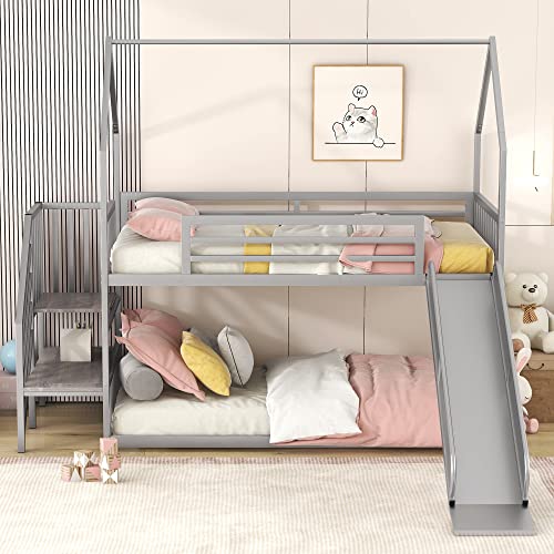 Twin Over Twin Metal Bunk Bed with Slide and Storage Staircase G330