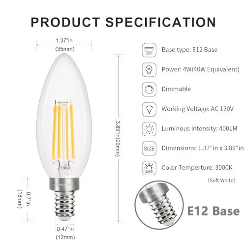 Pack of 6 Dimmable E12 LED Candelabra Bulb 5000K Daylight White 40W Equivalent 400LM C35 B11 Edison Filament Candle Bulbs A6899