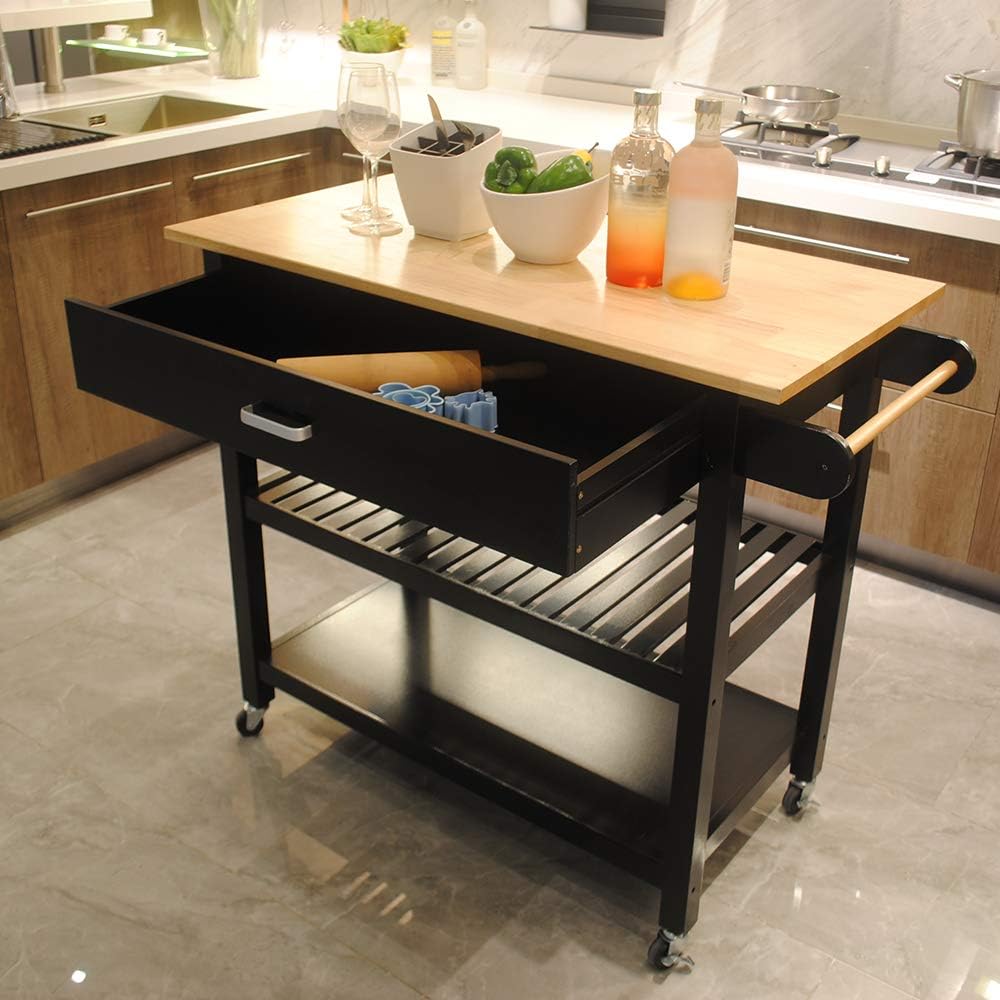 Rolling Wood Kitchen Cart with 2 Drawers and 2 Shelves U2375