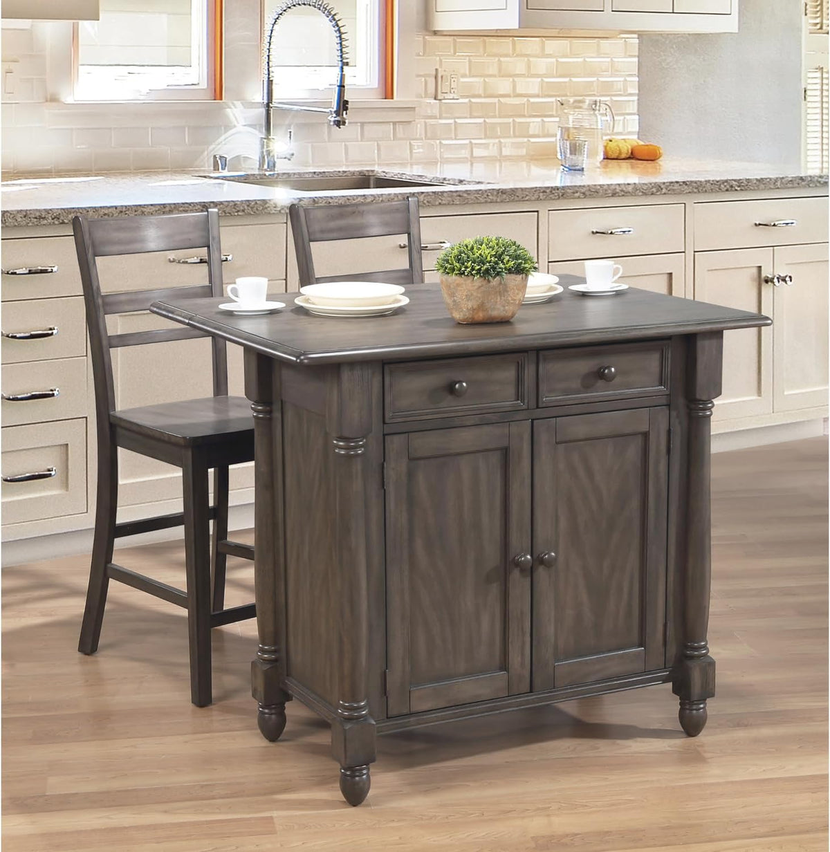 Expandable Drop Leaf Kitchen Island Set with 2 Stools, Drawers and Cabinet N62325