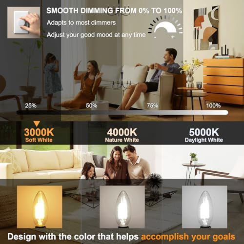 Pack of 6 Dimmable E12 LED Candelabra Bulb 5000K Daylight White 40W Equivalent 400LM C35 B11 Edison Filament Candle Bulbs A6899