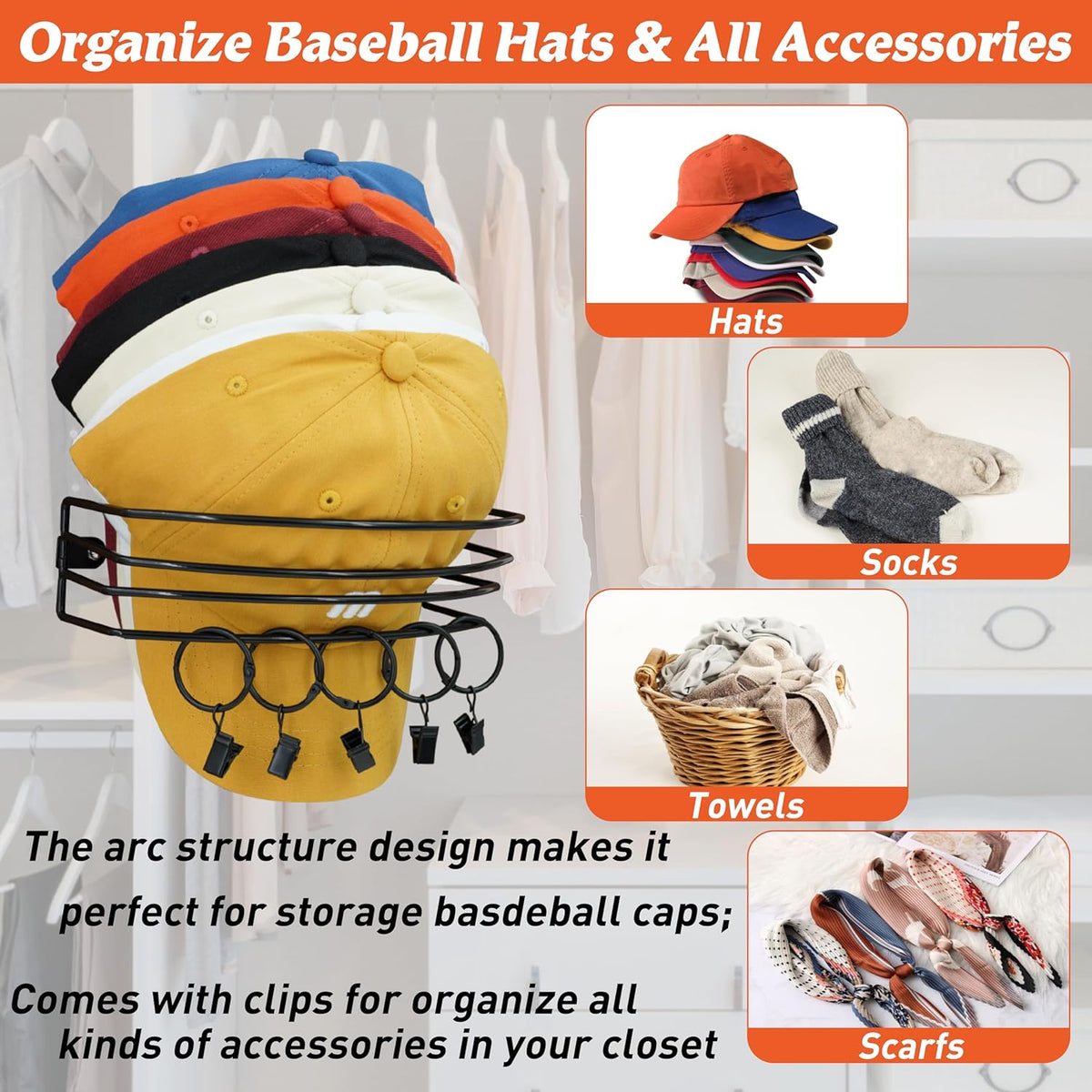 2 Packs Black Baseball Hat Organizer with 10 Clips B38186