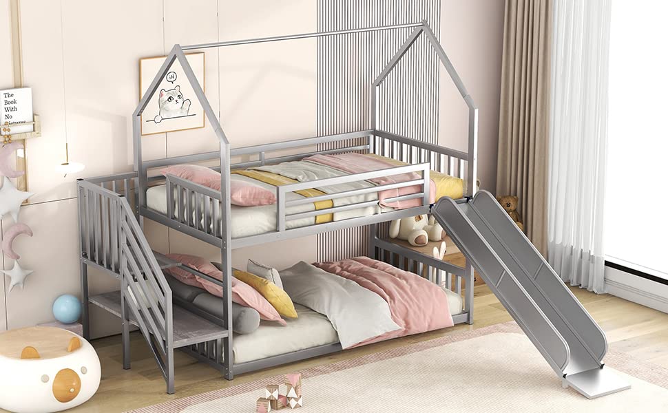 Twin Over Twin Metal Bunk Bed with Slide and Storage Staircase G330