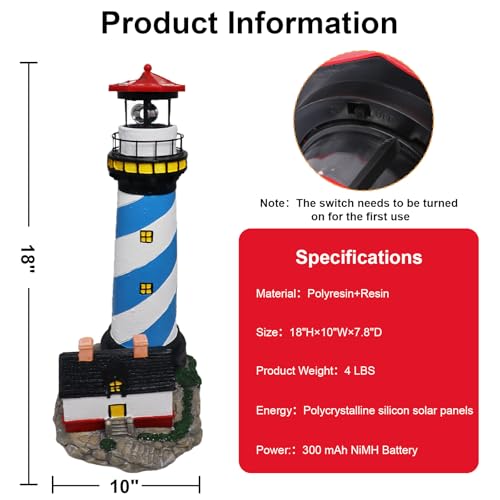 18" Solar Lighthouse with Rotating Beacon, Waterproof Outdoor Garden Decor (Black) Z138
