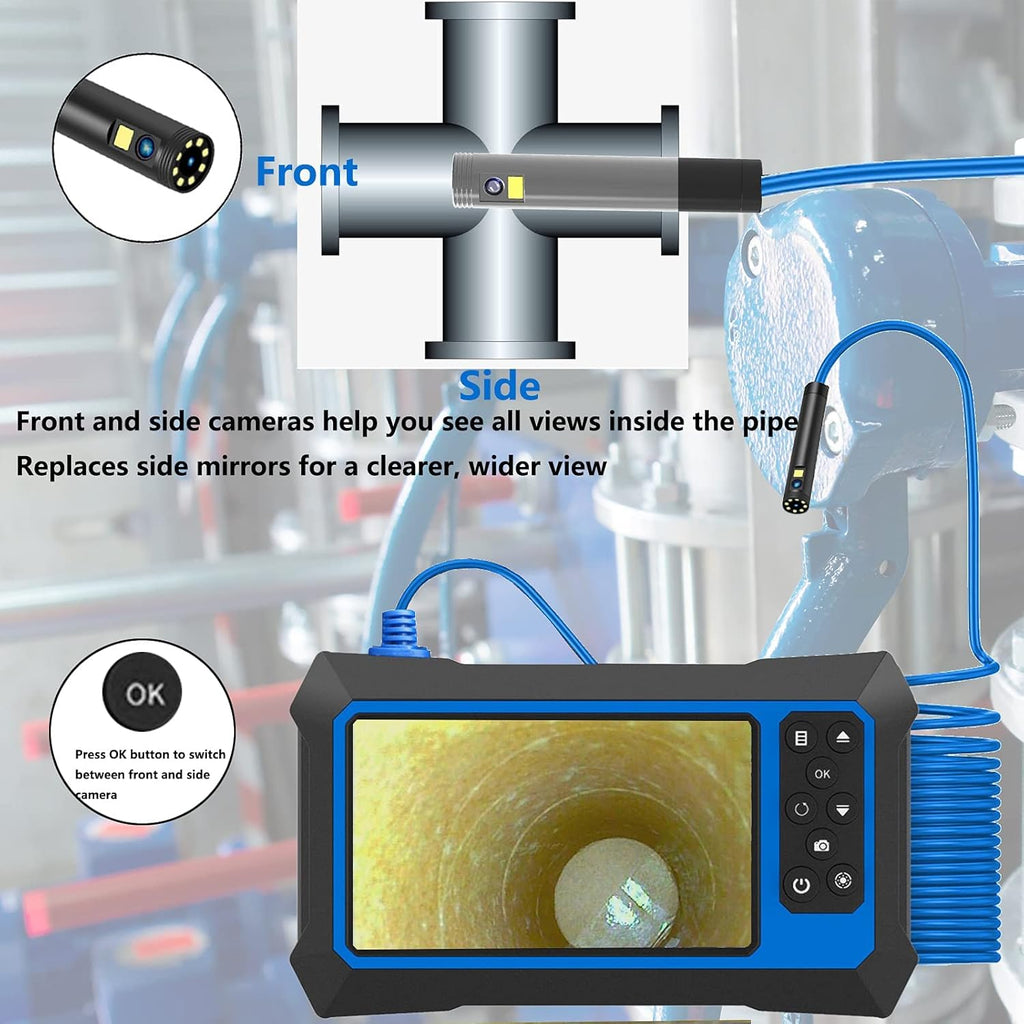 Dual Lens Video Endoscope Camera with Lights, 1080P Borescope Inspection Camera, 8 mm IP67 Waterproof, 9 LED Lights, 16.5FT Semi-Rigid Cable, 32GB Card K1302