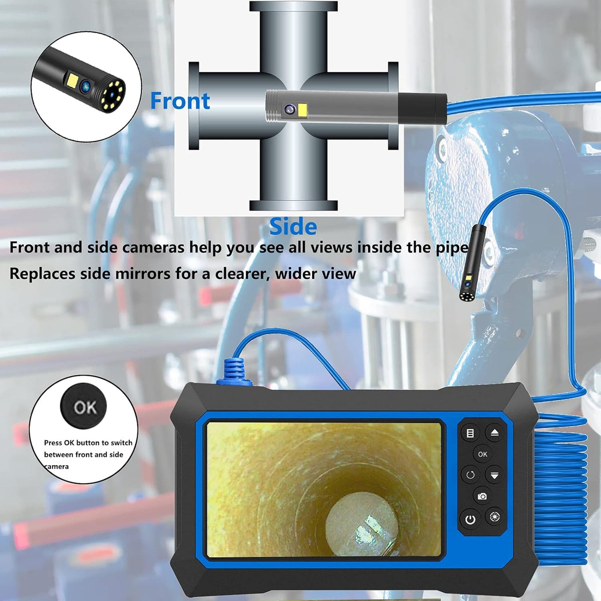 Dual Lens Video Endoscope Camera with Lights, 1080P Borescope Inspection Camera, 8 mm IP67 Waterproof, 9 LED Lights, 16.5FT Semi-Rigid Cable, 32GB Card K1302