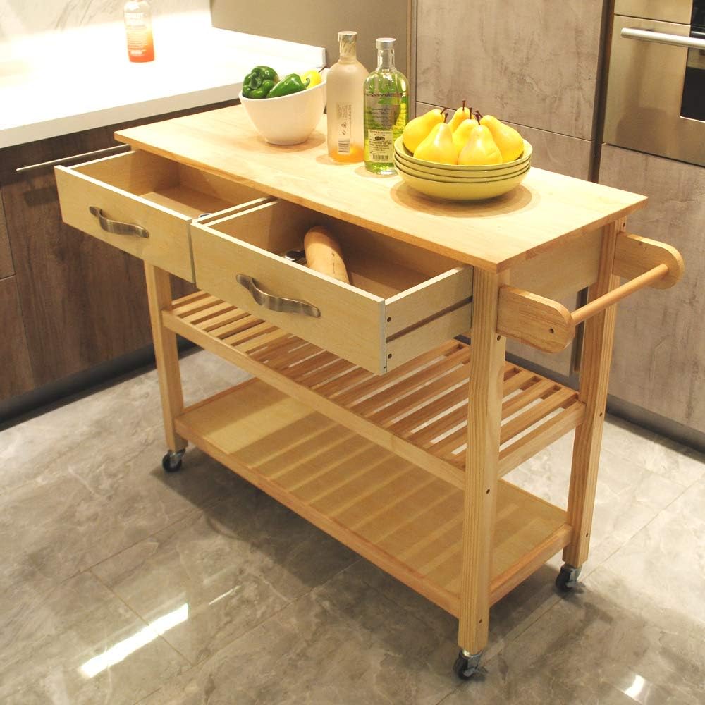 Rolling Wood Kitchen Cart with 2 Drawers and 2 Shelves U2375