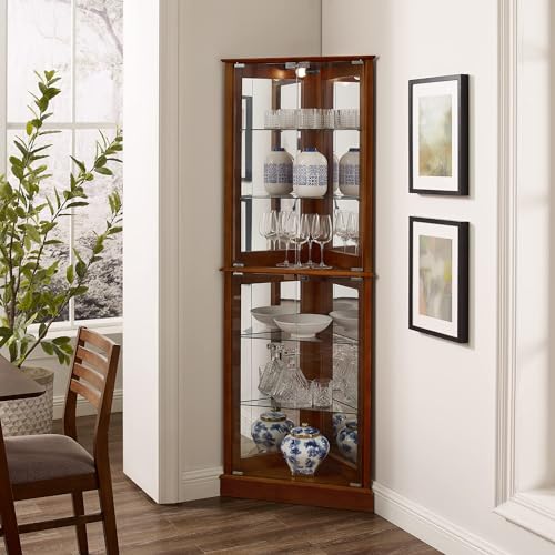 Walnut Glass Corner Curio Cabinet with Lights R22930