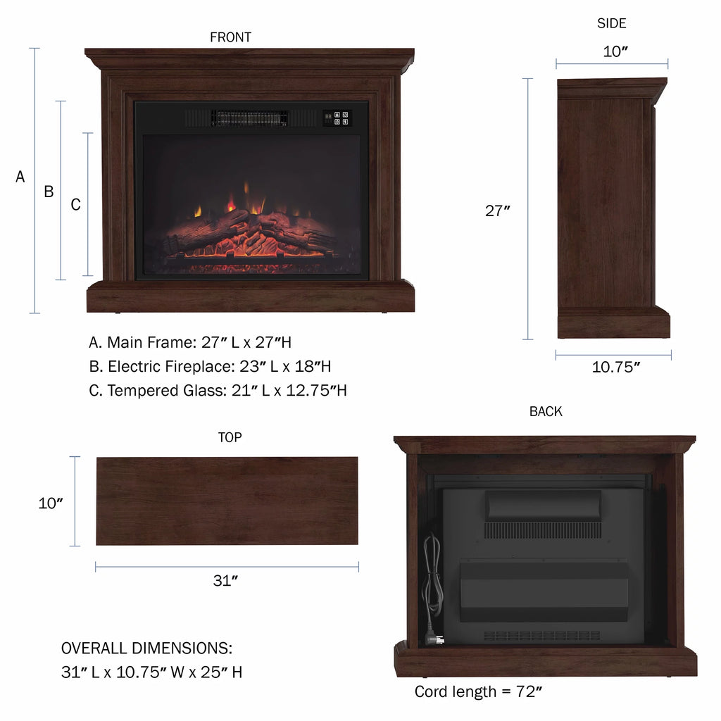 Brown Mobile Electric Fireplace with Mantel and Remote Control T938295