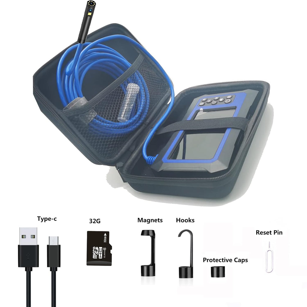 Dual Lens Video Endoscope Camera with Lights, 1080P Borescope Inspection Camera, 8 mm IP67 Waterproof, 9 LED Lights, 16.5FT Semi-Rigid Cable, 32GB Card K1302