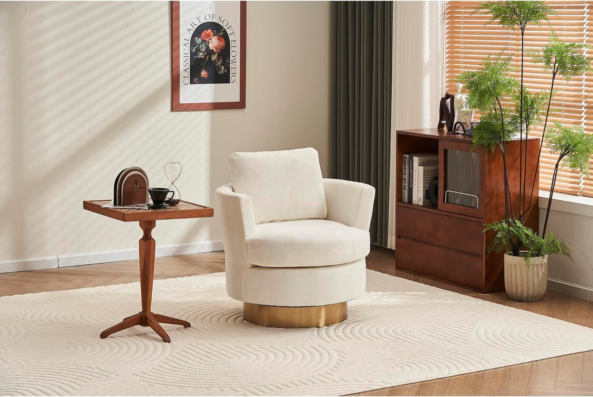 Beige Velvet Swivel Barrel Chair with Gold Stainless Steel Base T7231