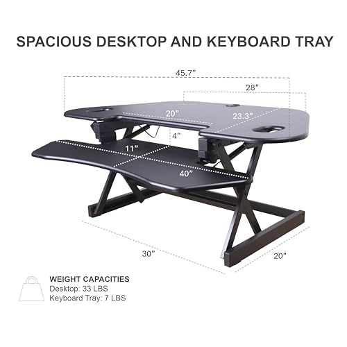 46" Height Adjustable Corner Standing Desk Converter with AC Outlet USB Charger and Dual Monitor Arm Mount Black B352