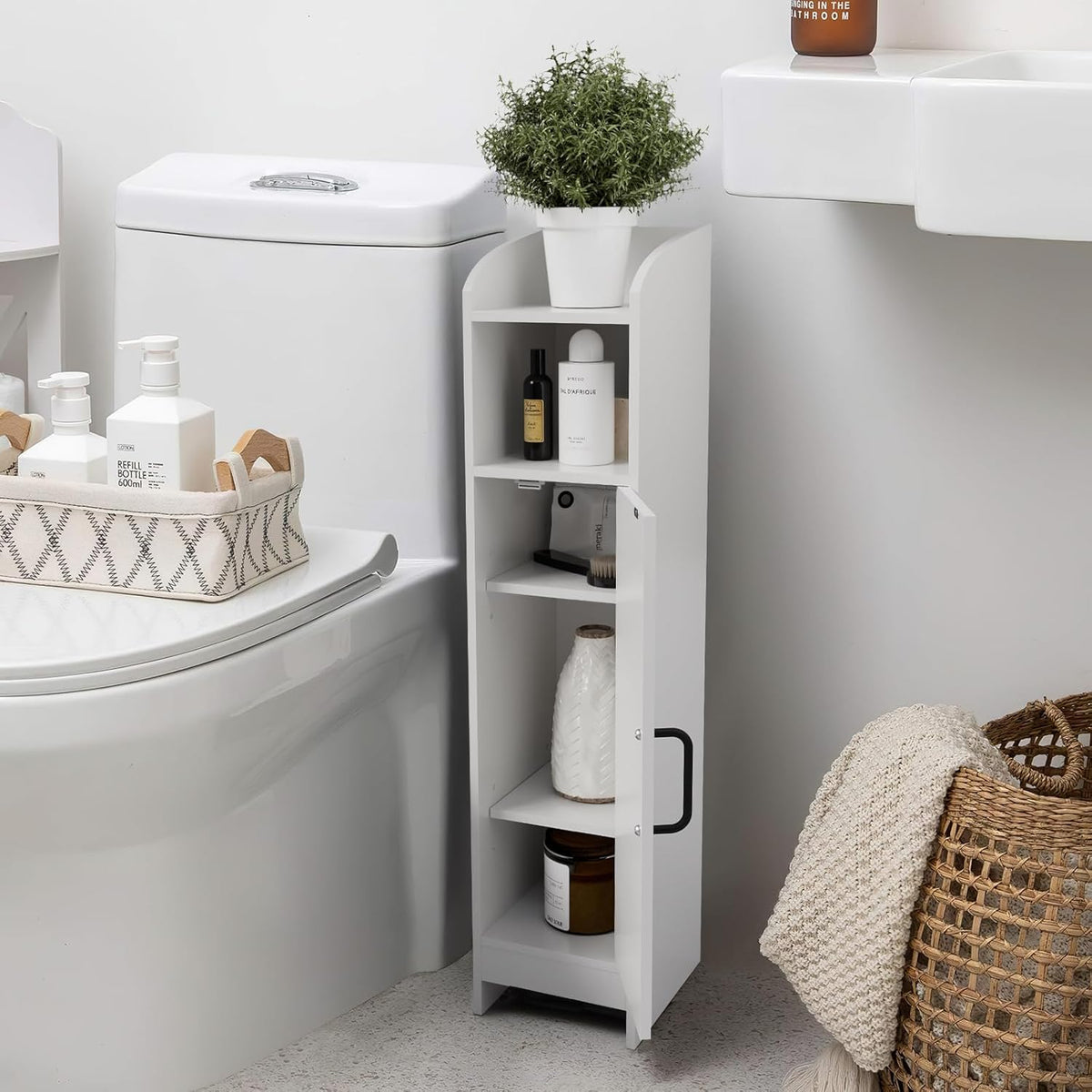 White Slim Floor Corner Storage Cabinet with Door and Adjustable Shelves D101