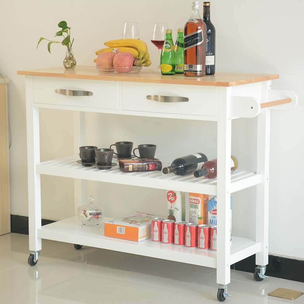 Rolling Wood Kitchen Cart with 2 Drawers and 2 Shelves U2375