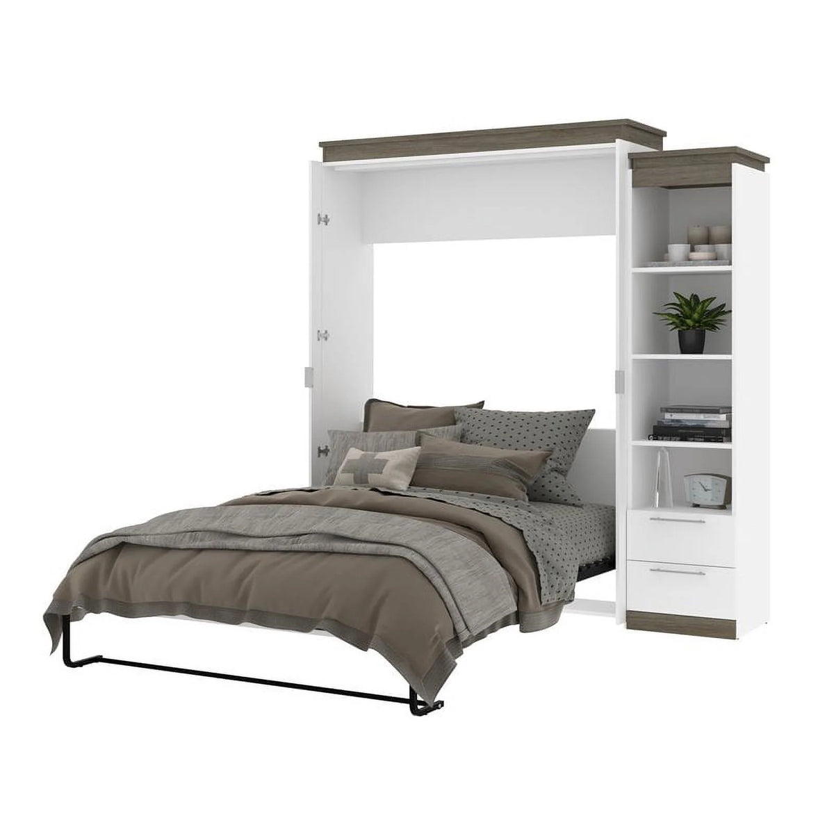 White Queen Murphy Bed and Shelving with Drawers R211