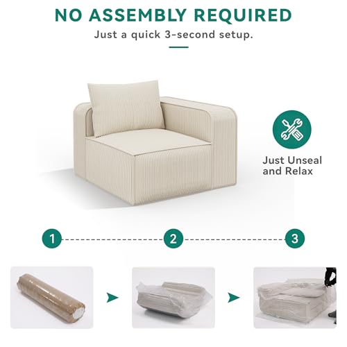 107 Inch Milky White Corduroy L-Shape Sectional Couch with 3 Pillows F46630