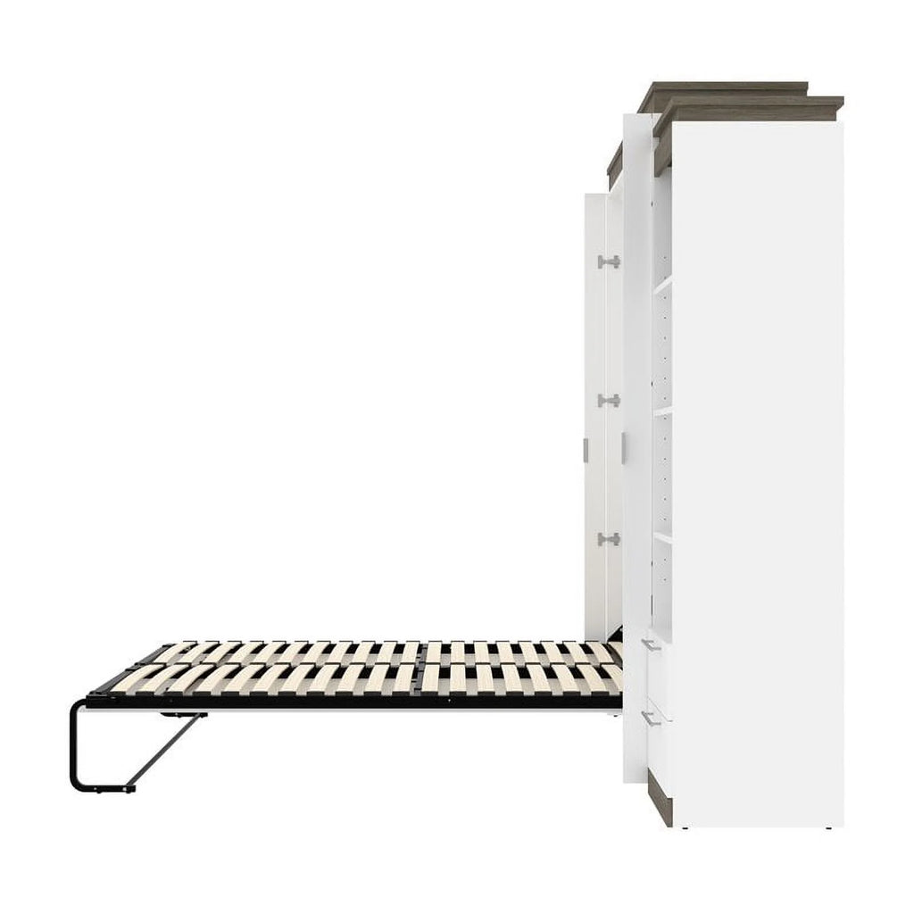 White Queen Murphy Bed and Shelving with Drawers R211