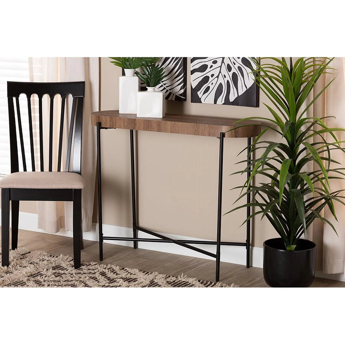 Walnut Brown Wood and Black Metal Console Table K335