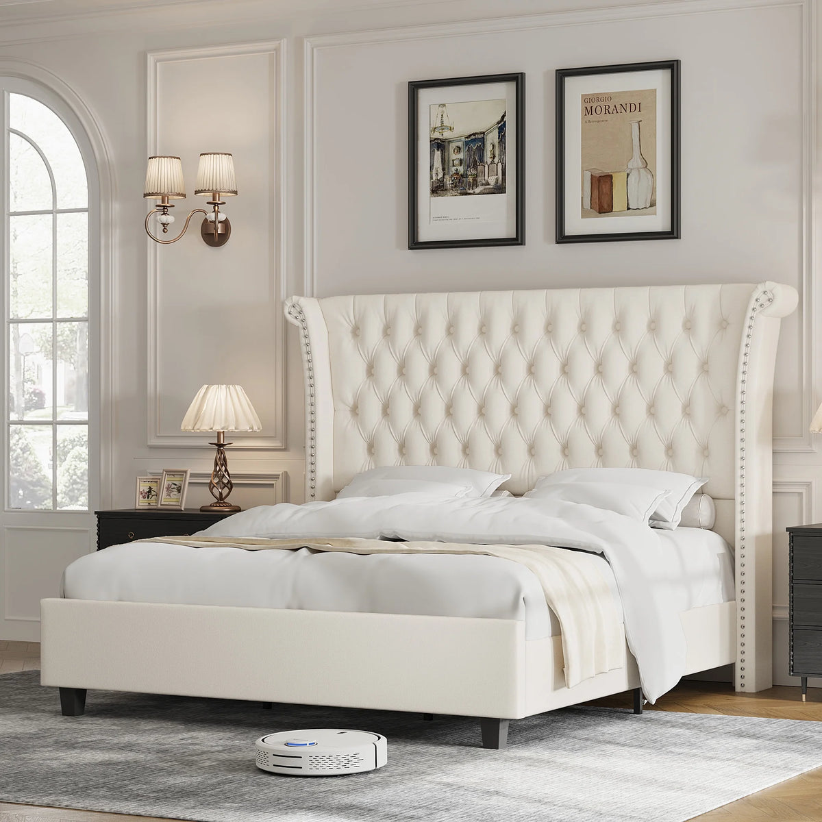 King Size White Velvet Tufted Upholstered Platform Bed U6049